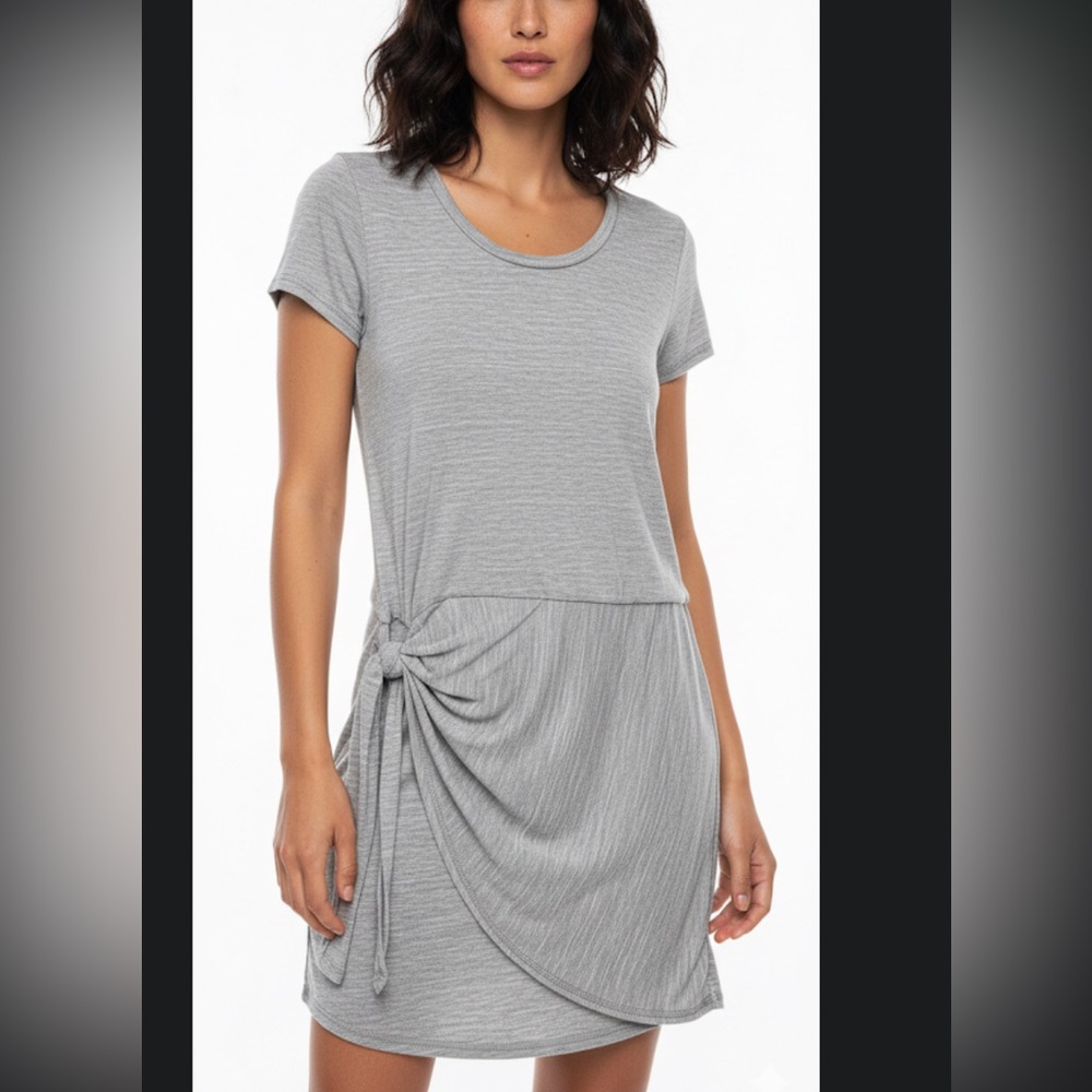 Heather Gray Round Neck Wrap Mini Dress - Side Tie Tulip Hem -M